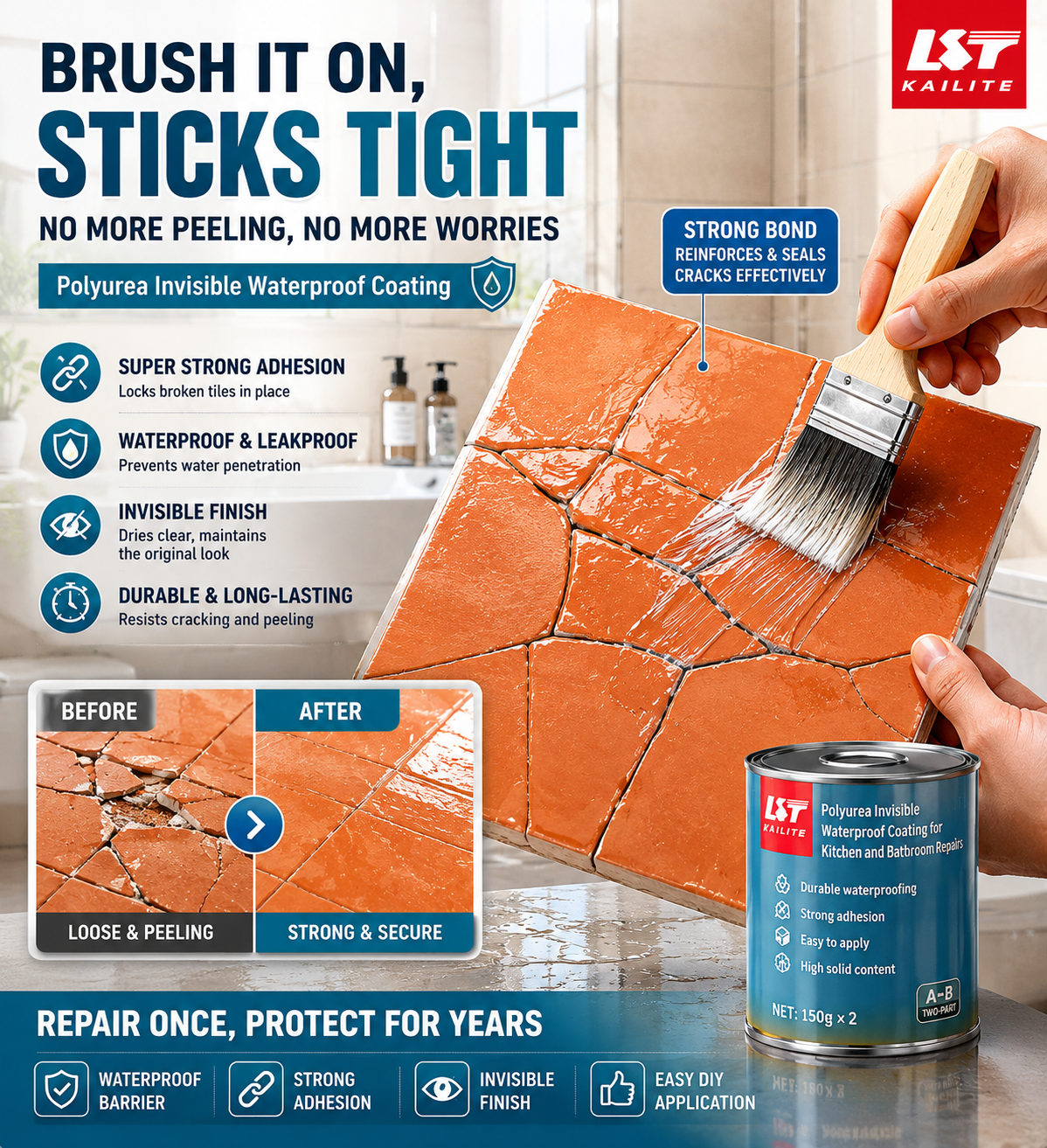 Invisible Waterproof Coating for Bathroom & Kitchen Tile Leak Repair